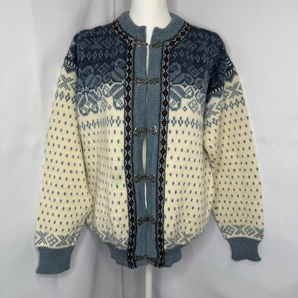 Dale Of Norway Norwegian Wool Cardigan Sweater Jacket Blue M Nordic Pewter Clasp